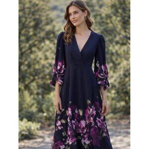 SACHIN & BABI Navy Floral Long Sleeve Maxi Dress Designer Sample Size 4 Fits 2–4